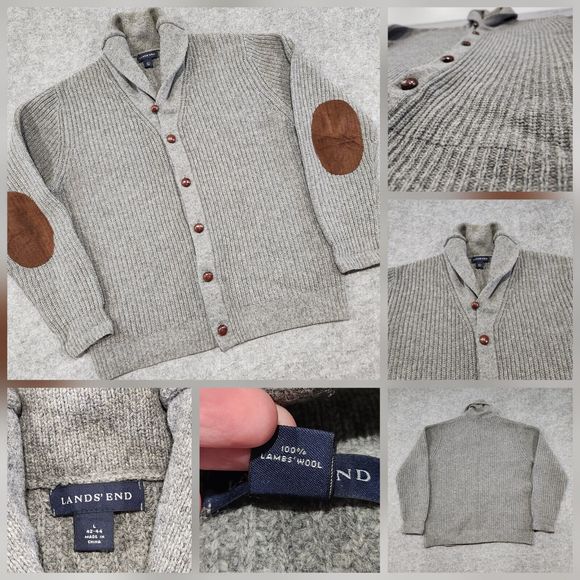 Lands End Mens XL Lambs Wool Knit Cardigan Shawl Leather Elbow Patch Sweater - Picture 1 of 14